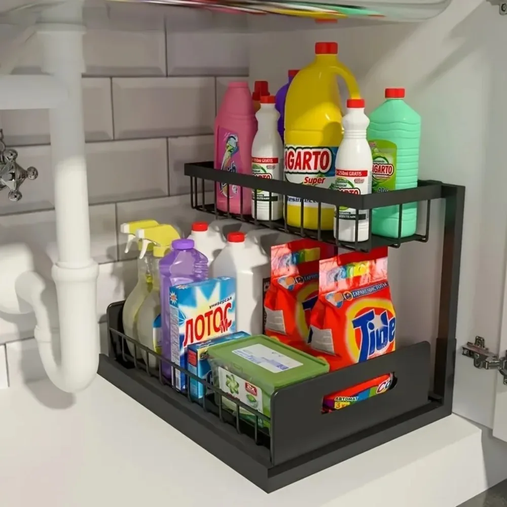 Double-Layer Sliding Sink Under-Sink Shelf for Home Use Pull-Out Cabinet Storage Rack for Kitchen and Bathroom Storage