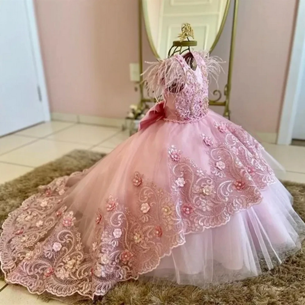 Vestidos Graciosos De NiñA De Las Flores Adornados Con Apliques De Encaje Y Escote IlusióN