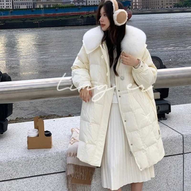 

2023 New Women Down Jacket Winter Coat Female Mid-length Parkas Fur Collor Fashion Outwear Hin Thin Preppy Design Overcoat