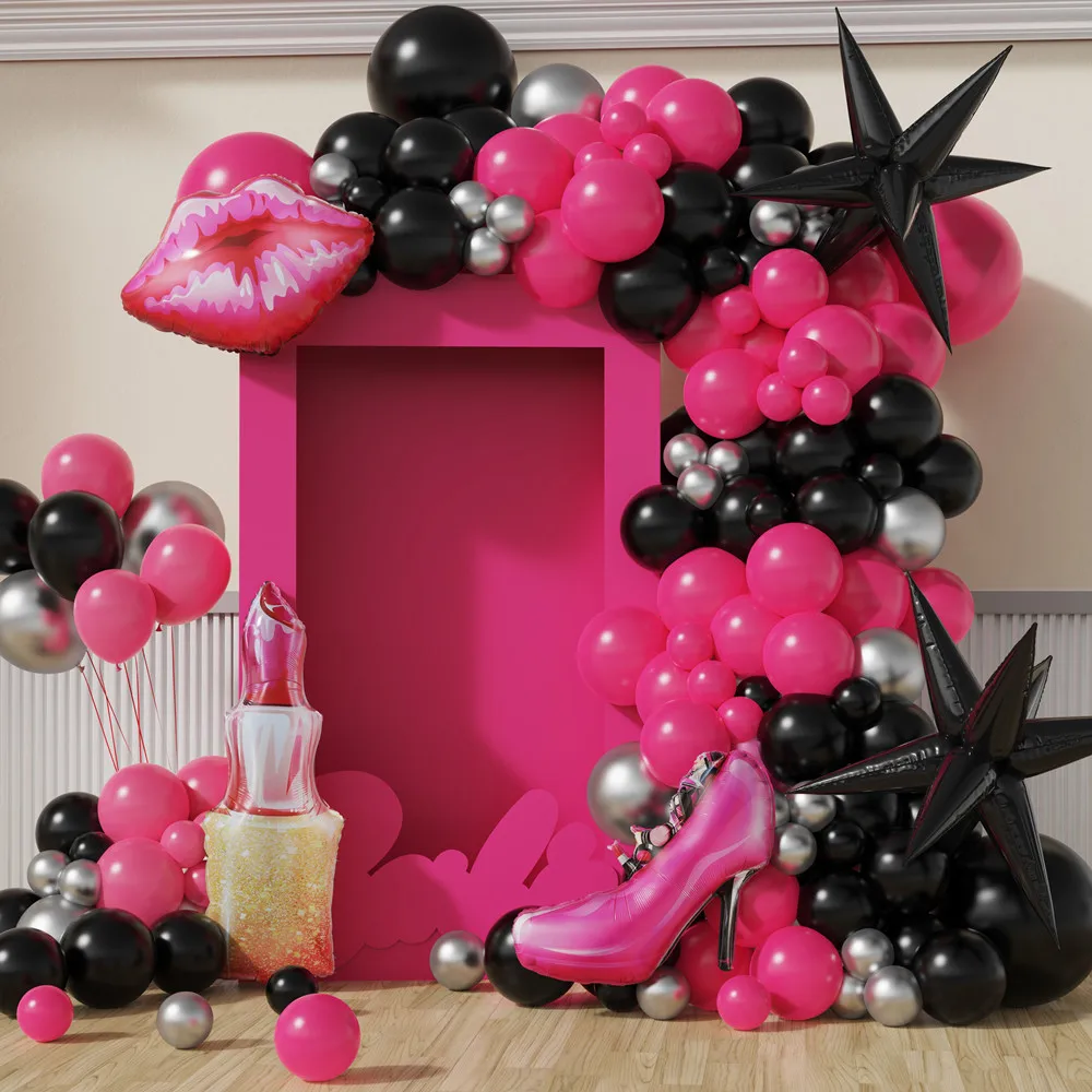 

123pcs Hot Pink Balloons Garland Big Lips Foil Balloon Explosion Star Balloon for Girl Princess Birthday Wedding Party Decoratio