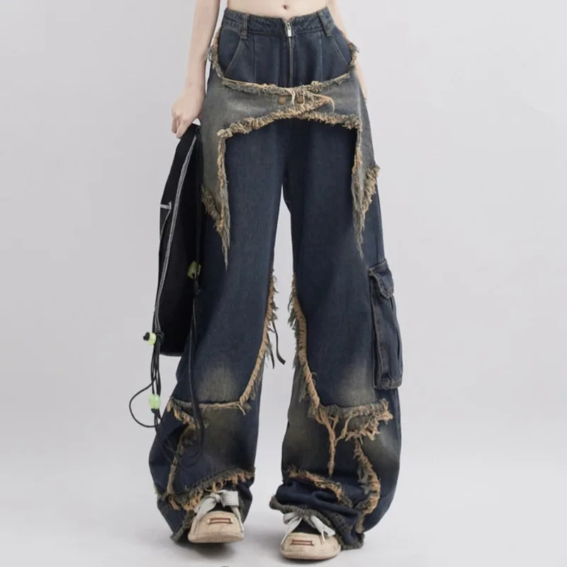 

Джинсы женские с завышенной талией, винтажные мешковатые брюки из денима с широкими штанинами, в американском стиле, черные, Y2K