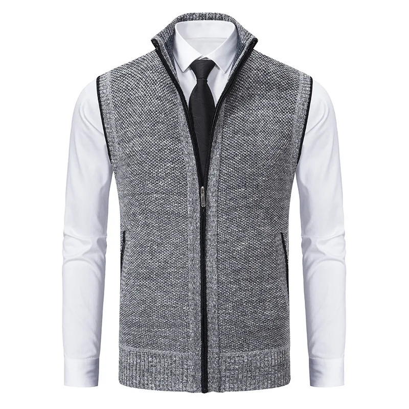 #4869 Autumn Winter Knitwear Sweater Vest Men Zipper Stand Collar Solid Color Outerwear Knitted Vest Man Cardigan Waistcoat Warm 2