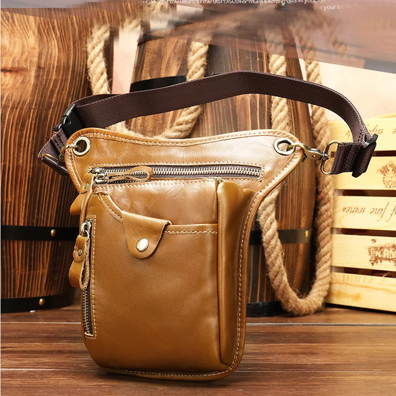 

Leather Leg Bag Motorcycle Real Cowskin Waist Fanny Pack Dual Use Men Packs Belt s Phone Pouch For Male Brown