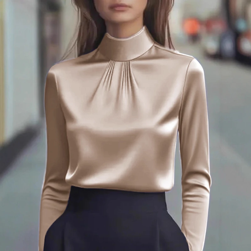 New Spring and Autumn Fashion Women's Semi-turtleneck Solid Color Long-sleeved Shirt Slim-fit Satin Blouse Office Wear Woman