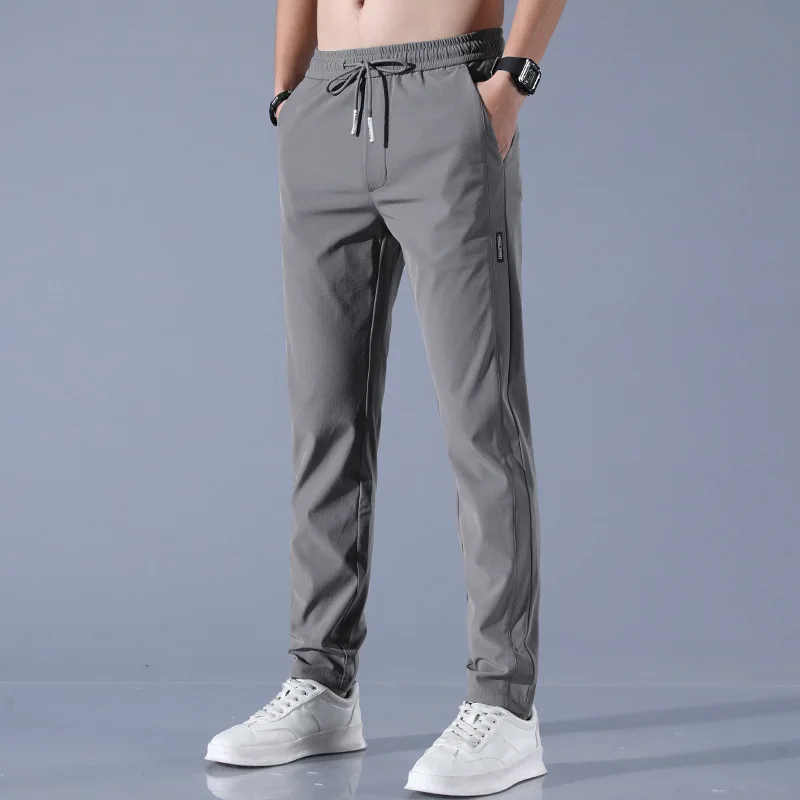 Ice Shreds Solid Color Men Summer Korean Large Size Slim Straight Cylinder Elastic Waist Casual Breathable All-match Trousers