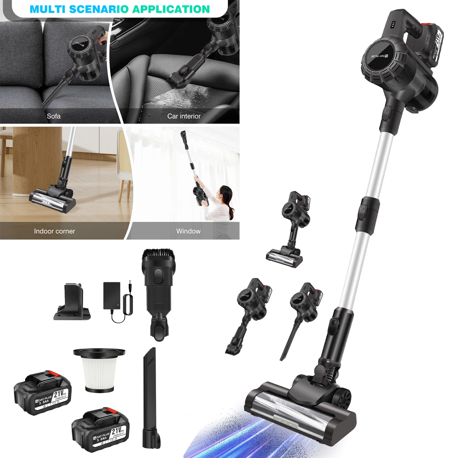 DayPlus Cordless Upright Stick Vacuum Cleaner,3 In 1 Wireles Handheld Vacuum Cleaner 130000RPM Brushless for Carpets, Hard Floor 1