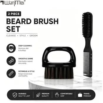 Set di 2 Spazzole per Barba da Uomo, Kit con Spazzola in Setole di Cinghiale e Pettine per Pulizia, Styling, Cura e Districamento della Barba