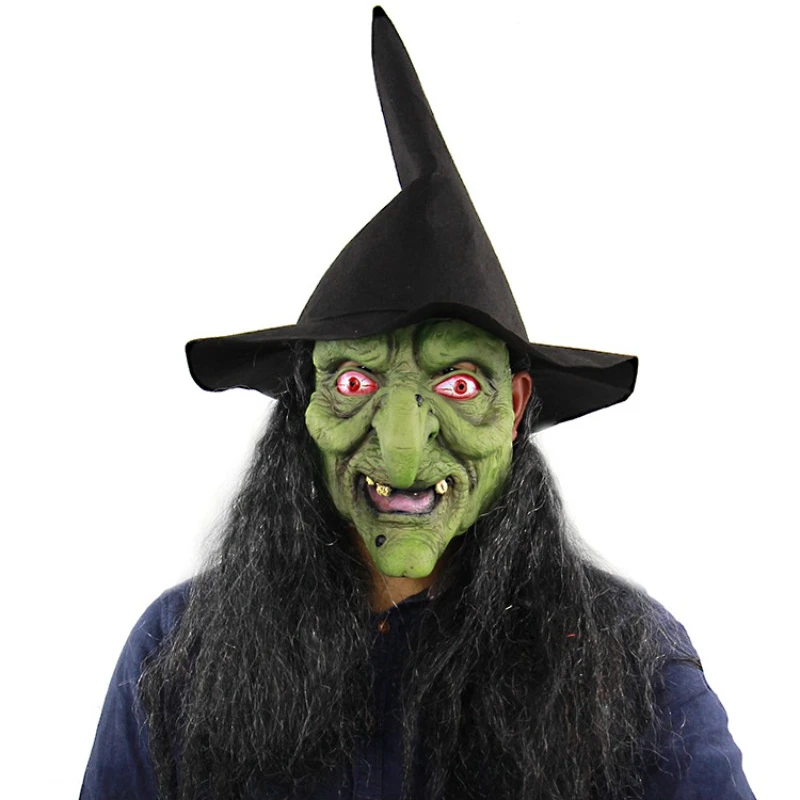 

2024 Hot New Halloween Green haired witch Mask Cosplay Scary Latex Masks Helmet Party Costume actor's headgear Masquerade Props