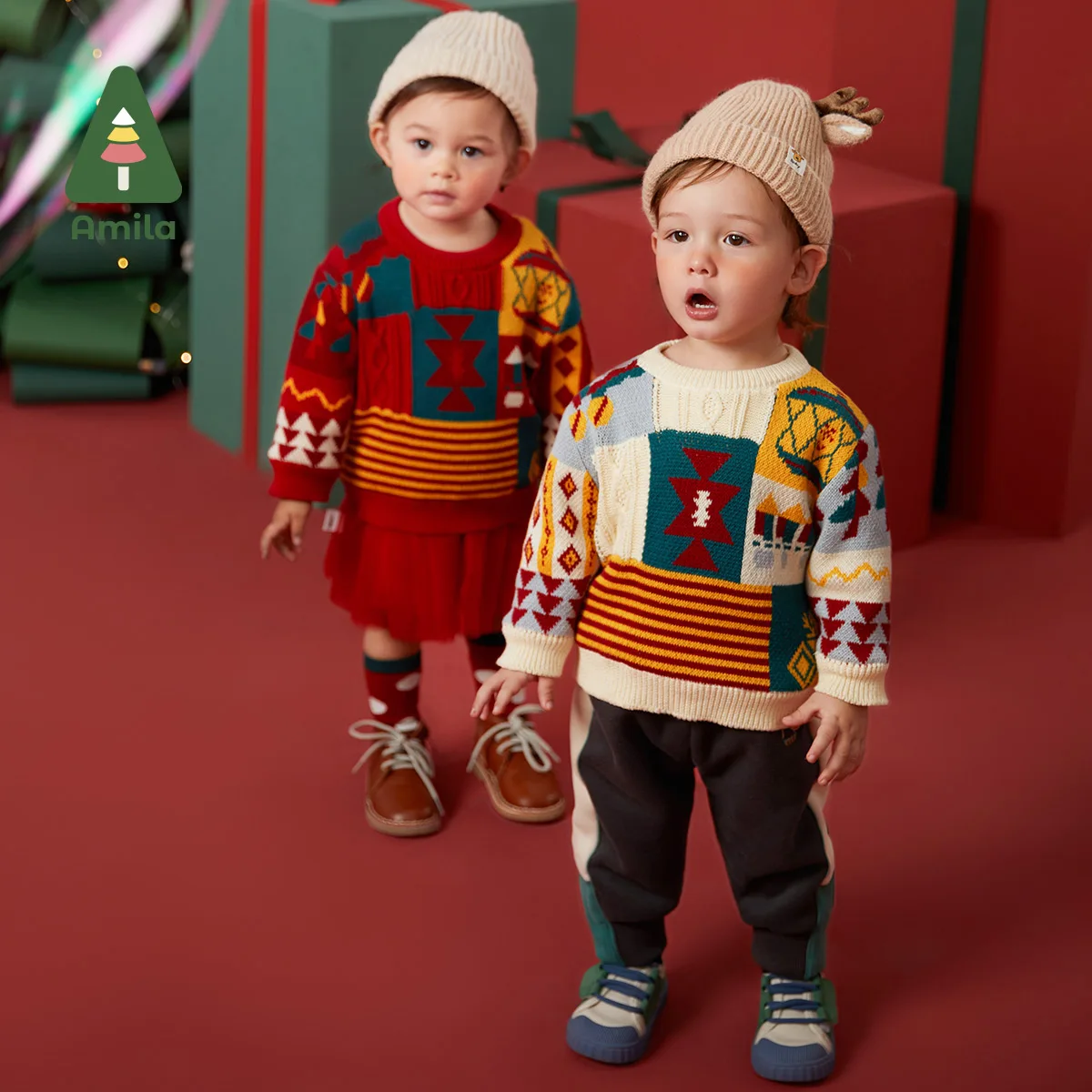 Amila Baby's Sweater Winter New Boys And Girls Jacquard Twisting Technology Original Checkered Color Block Pattern Sweaters
