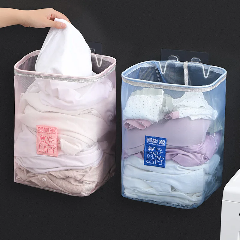 Folding Laundry Basket Organizer Dirty Clothes Bathroom Clothes Mesh Storage Bag Home Wall Mounted Hanging Basket Frame Bucket