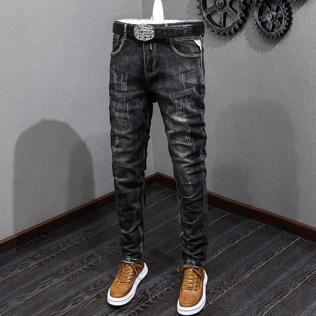 Men's Casual Ripped Jeans Straight Slim Fit Denim Pants Super Stretch  Trousers