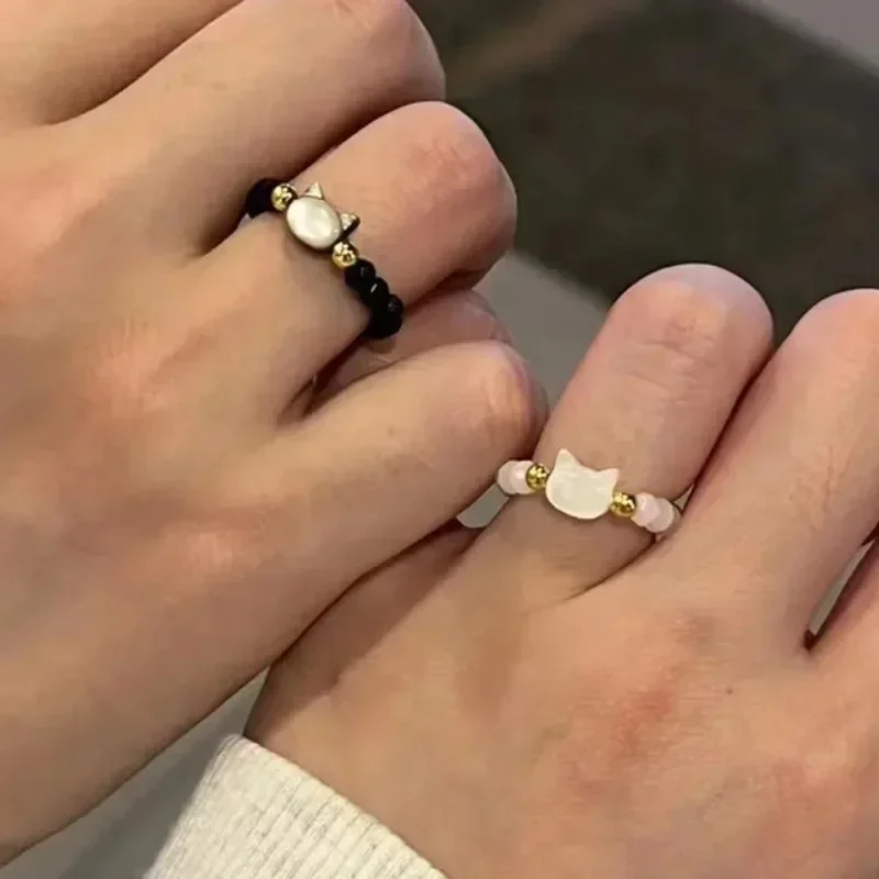 Natural Moonstone Obsidian Rings Beads Cute Creative Black White Cat Ring Sweet Ring Women Men Party Accessories Jewelry 1pc