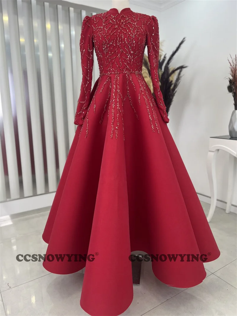 

Satin Appliques Beaded Hijab Muslim Evening Dresses Long Sleeve Islamic Formal Party Gown Women Arabic Dubai Robes De Soirée