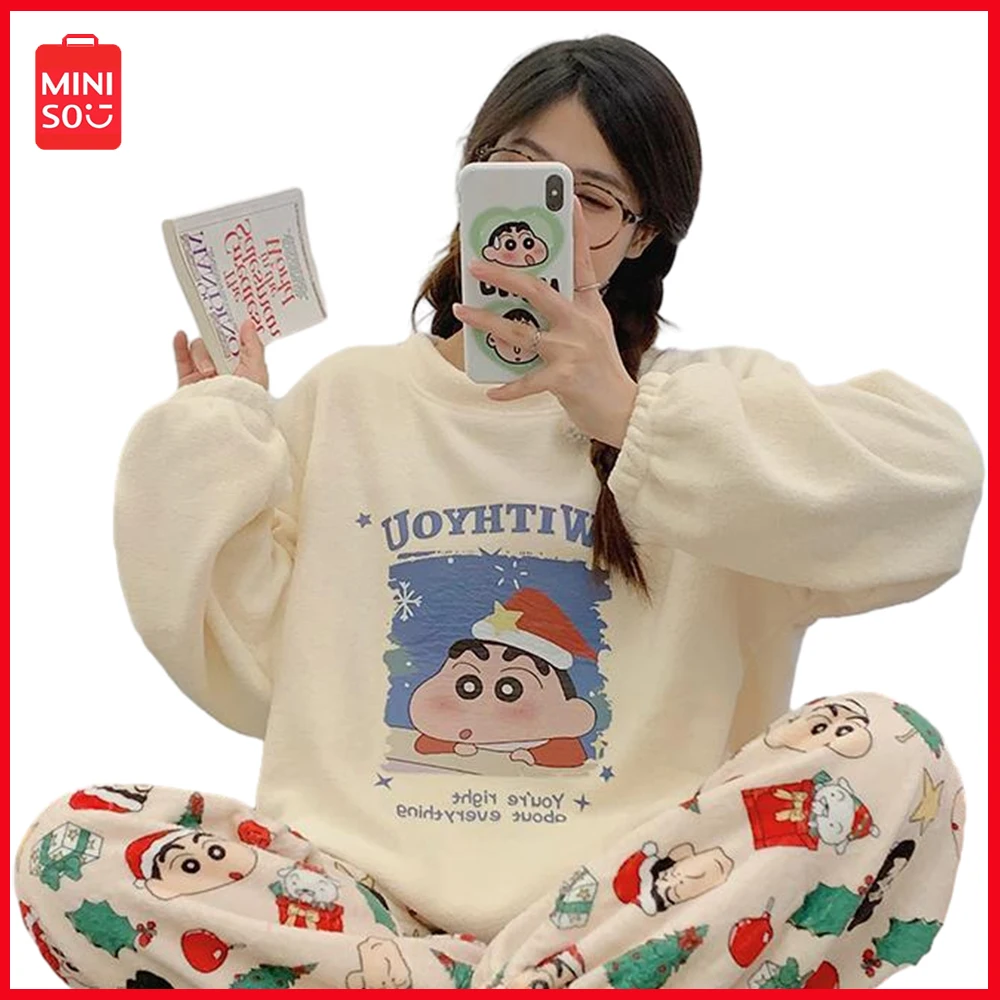 

2023 Miniso Crayon Shin Chan Cartoon Anime Korean Version Women S Y2K Cute Pajamas Autumn and Winter Flannel Warm Home Clothing