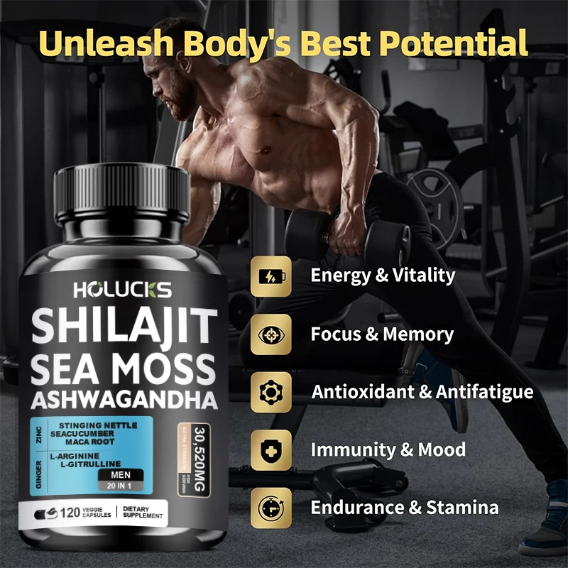 Men’s Natural Sea Moss Shilajit Ashwagandha Complex Capsules, Support Boosts Testosterone, Enhance Vitality & Overall Wellness 4
