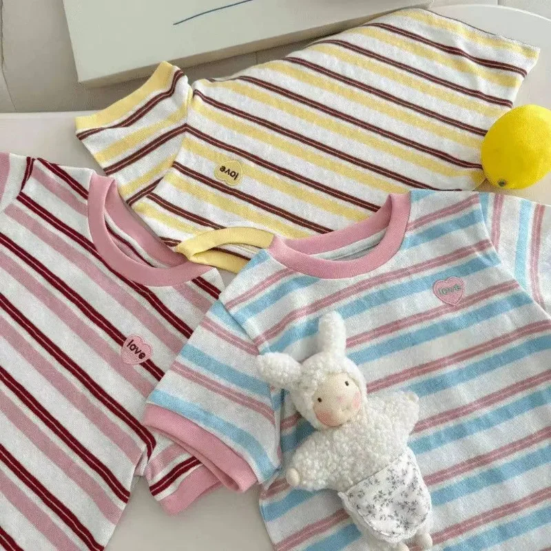 Girls Clothes Summer New Top 1-5 Years Children Pink Striped Round Neck T-shirt Fashion Casual Short Sleeve Color Blocked - 6