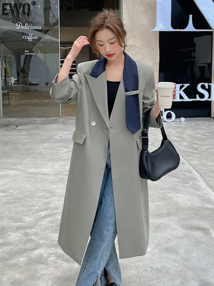 

[EWQ] Office Lady Windbreaker Femme Splicing Trend Ladies Overcoats 2023 Spring Long Sleeve Coat Outwear Patchwork Clothing 1994