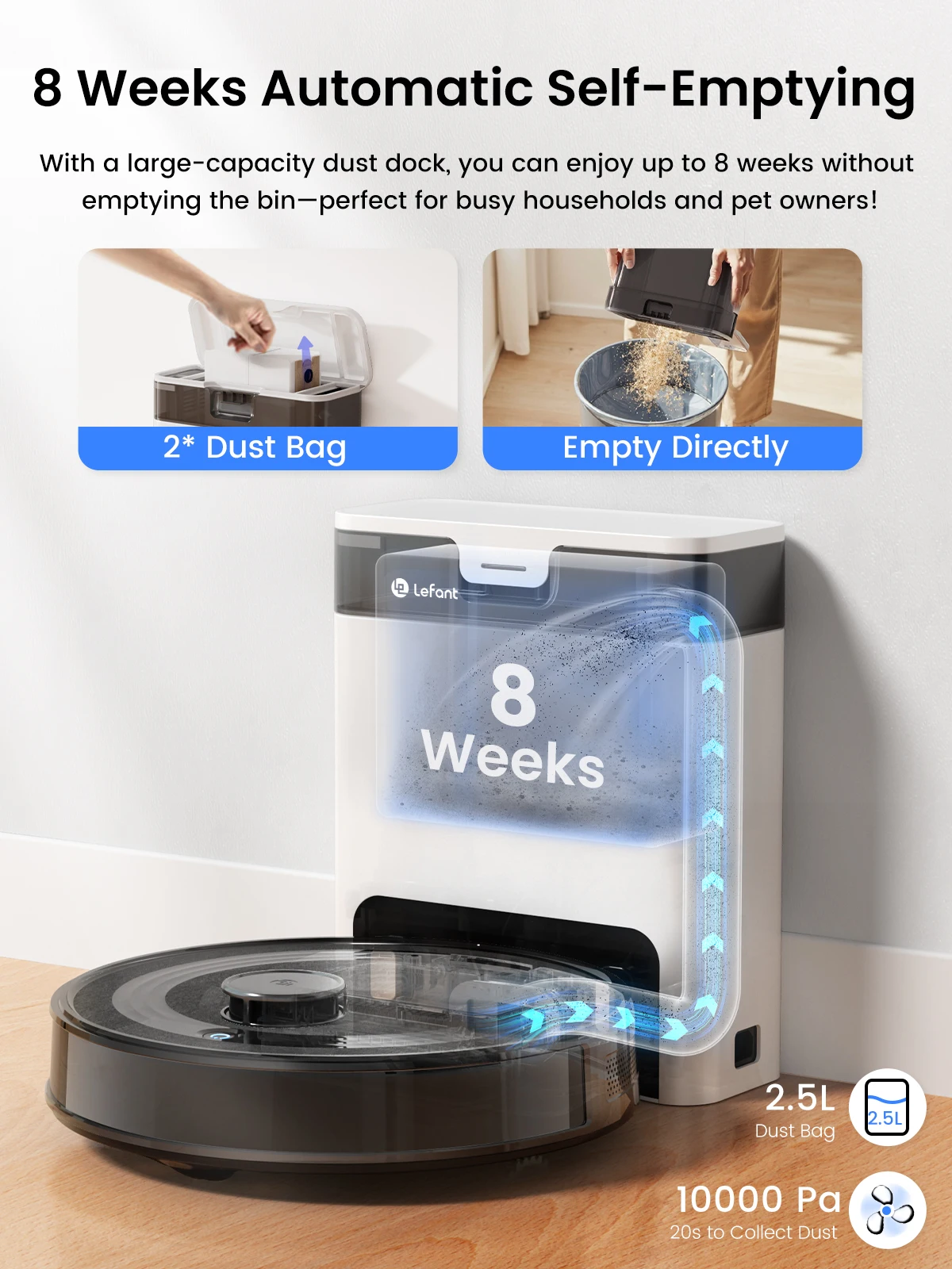 Lefant Robot Vacuum Cleaner with Automatic Emptying M2S Pro,10000Pa, 240 Minutes, Laser Navigation DTOF, Ideal for Pet Hair 3