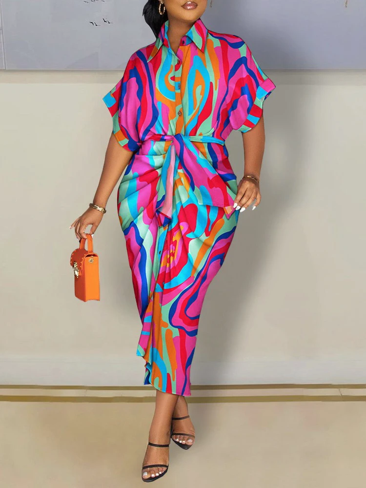 

Summer Print Button Long Dress Women Fashion Turn-Down Collar Short Sleeve Dresses Ladies Elegant New Pattern Loose Party Dress