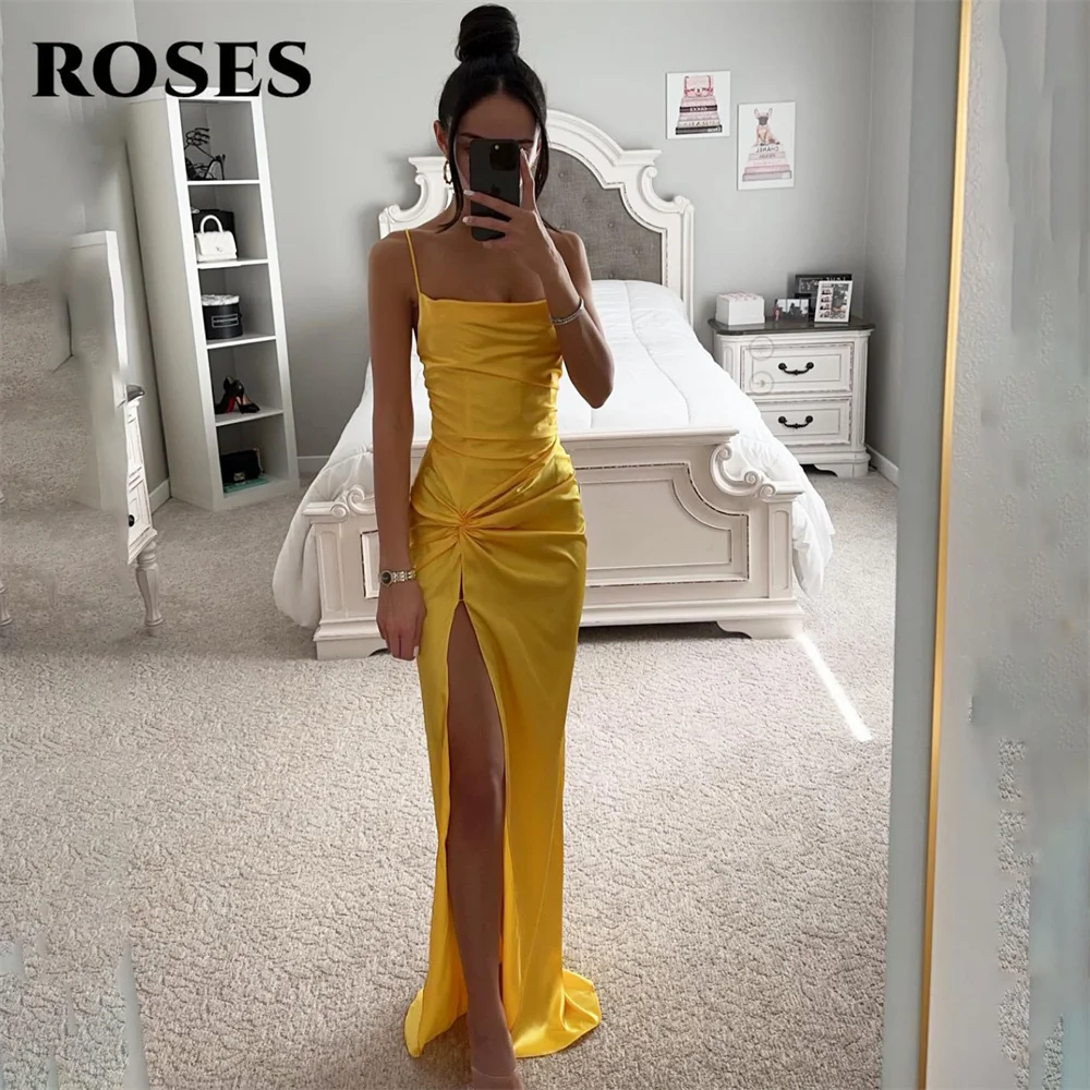 

ROSES Yellow Evening Dress Square Collar Mermaid Spaghetti Strap Party Dress Vestido De Novia Sexy Side High Split Prom Dresses