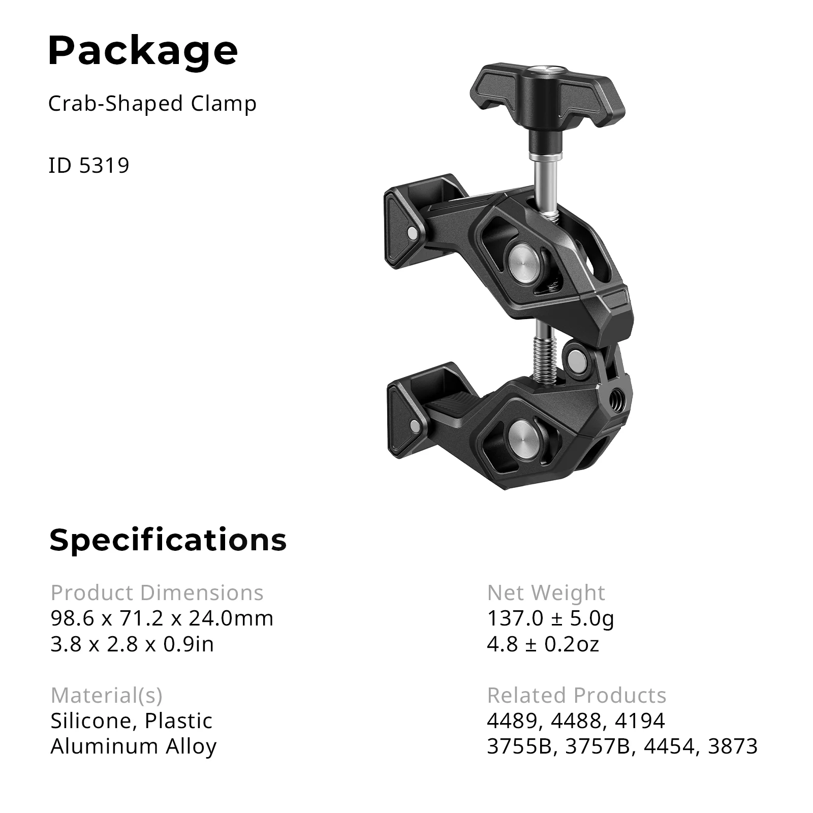 Gopro/액션 카메라 모니터용 1/4-20 나사산 구멍 및 1/4-20 위치 구멍이 있는 SmallRig 알루미늄 게 모양 클램프 -5319