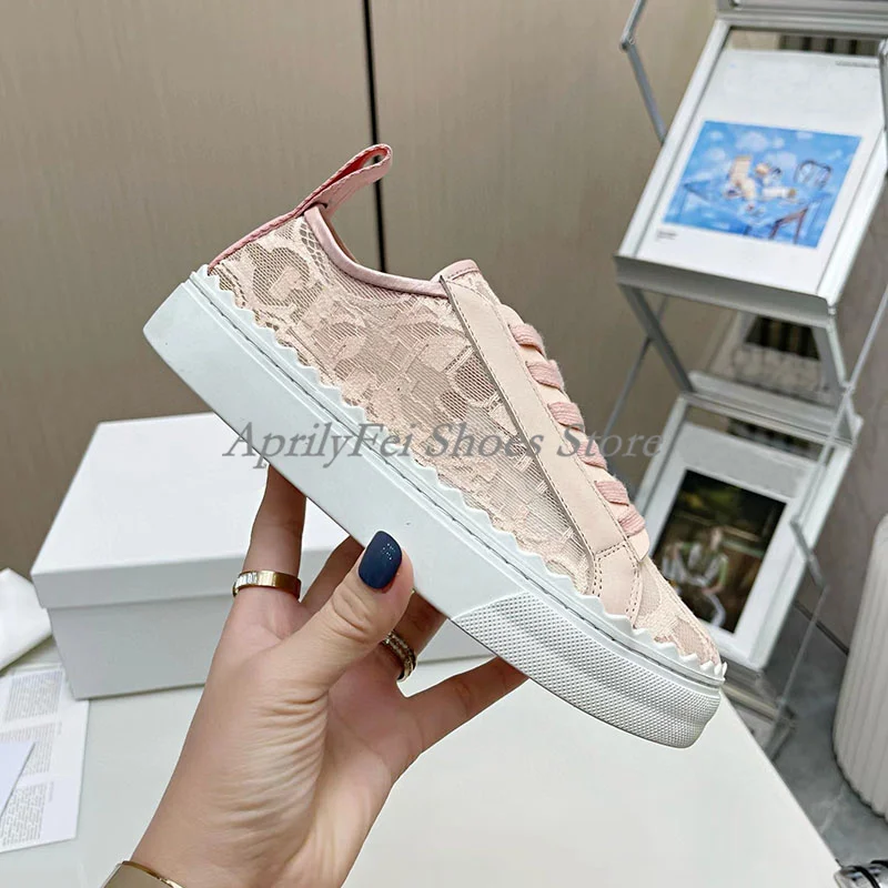 Sweet Lace Flat Platform Women Shoes Round Toe Lace Up Breathable Casual Tennis Shoe Thick Sole Outdoor White Pink Sneakers 5