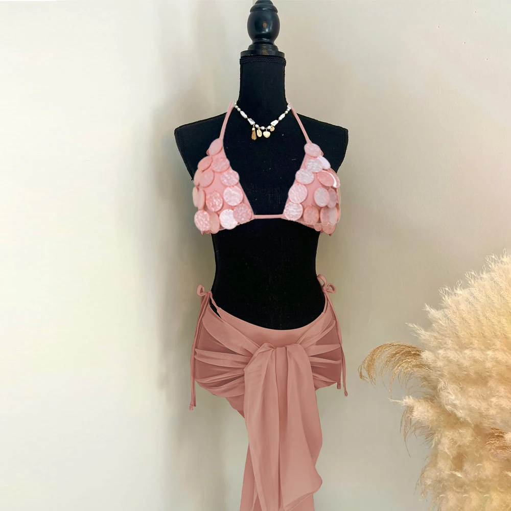 3 Pcs Shell Swimsuit Bikini with Skirt Swimwear Swimsuit Women Separates Push Up Swimwear Swimsuit Bathing Suit 3