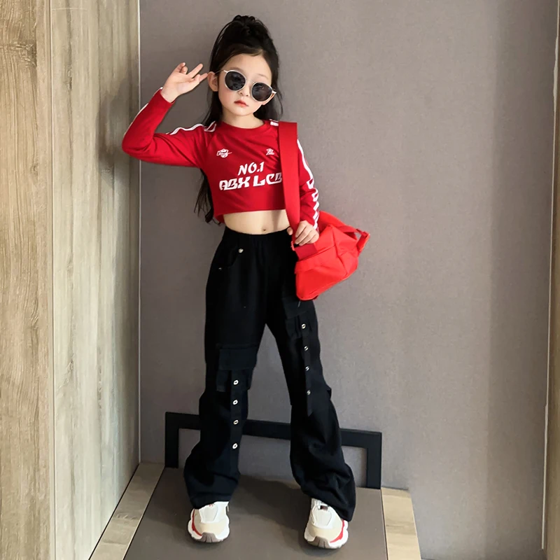 

Spring Autumn Girls T Shirt Baby Tee Shirt Kids Crop Top Children Streetwear Clothes Red Rib Knit Letter 5-14Y