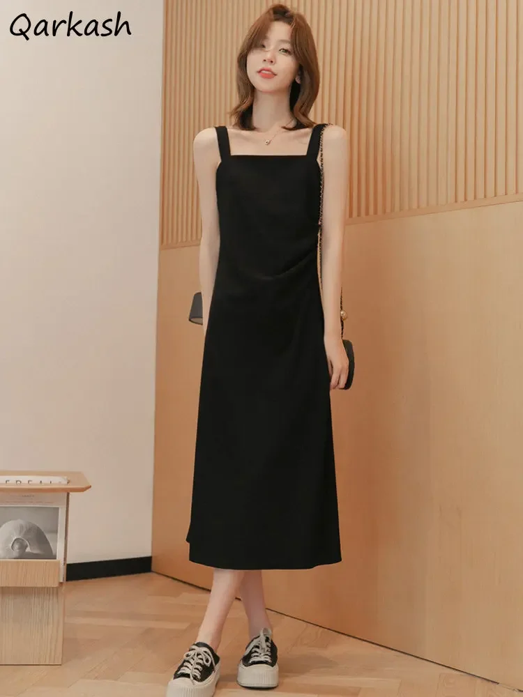 

Midi Straps Dresses Women Summer A-line Solid Temper Casual Harajuku Backless Fashion Elegant Chic Vestidos Mujer Basic Ulzzang