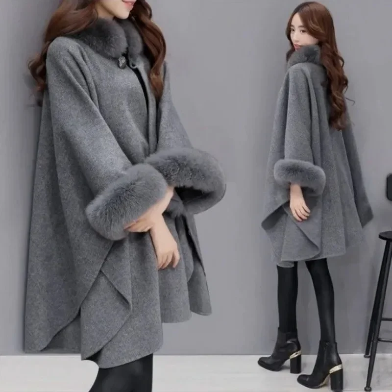 Winter Fake Fur Coat Women's Poncho Jacket Oversized Bat Sleeve Warm Cape Overcoat Long Cloak Outwear Casual Shawl Female 2022