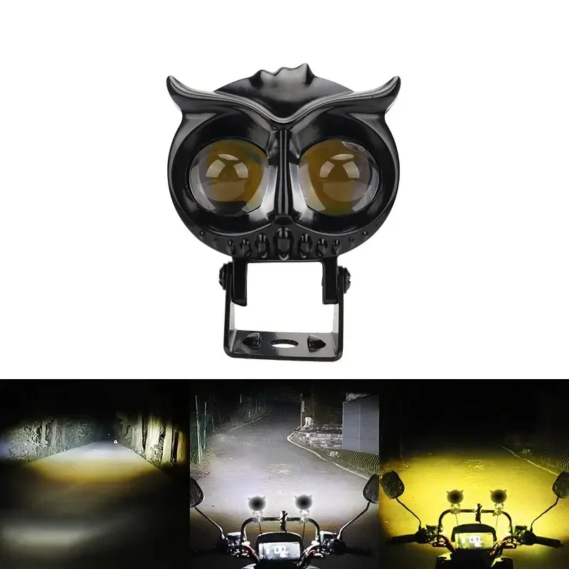 Motorcycle Headlight 2PCS Dual Color Owl Design 4 Modes Auxiliary Spotlights Motorbike Scooter Fog Lamp Running Lights