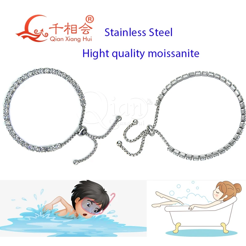 

silver color adjustable Bracelet 4mm white D vvs Moissanite Stainless steel Bracelet jewelry Bathing and swimming men women