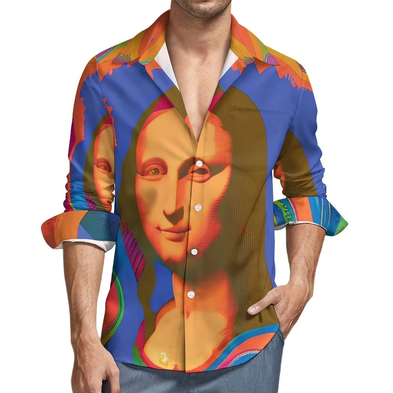 

Mona Lisa Aesthetic Casual Shirt Men Colorful Art Shirt Spring Trendy Blouses Long Sleeve Graphic Oversized Clothing