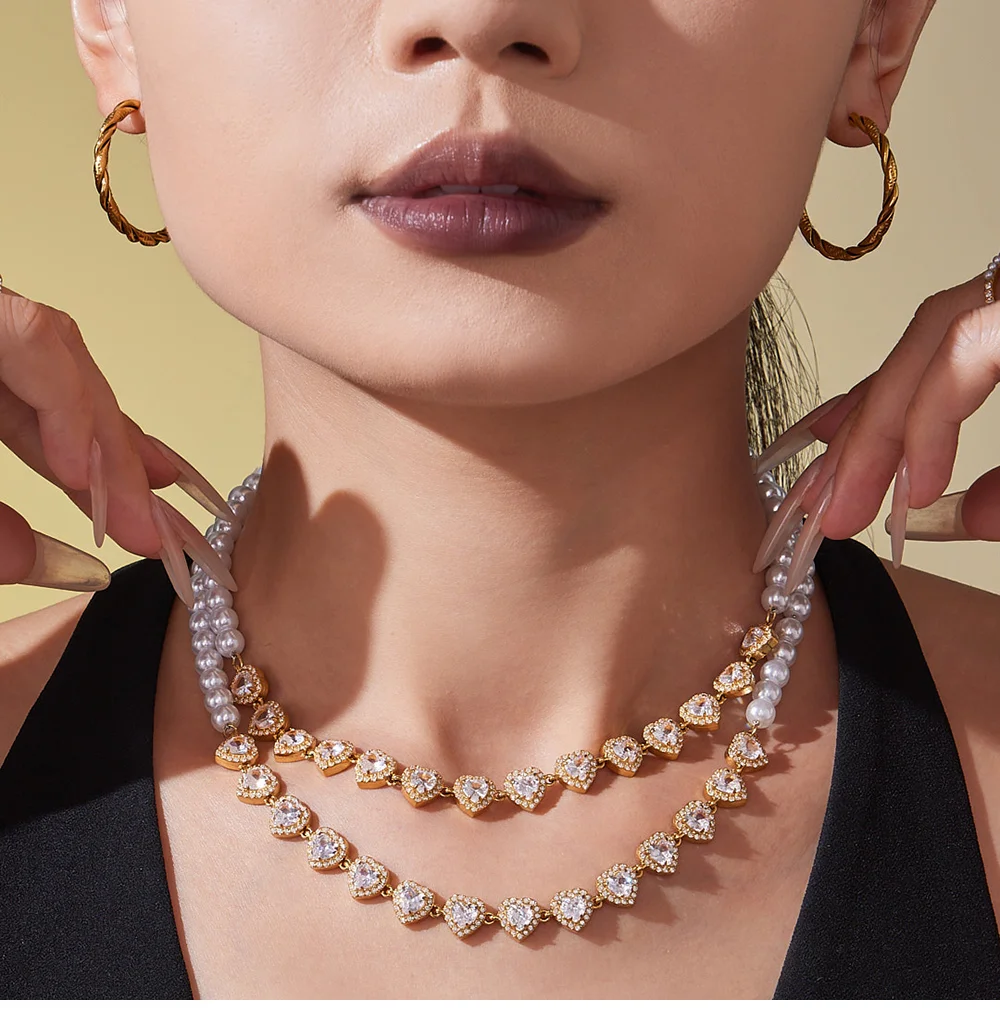 Edelstahl glänzende herzförmige Zirkon Anhänger Halskette Damen weiße Imitation Perle Perlen Kette Halsband Luxus Schmuck – Detail 3
