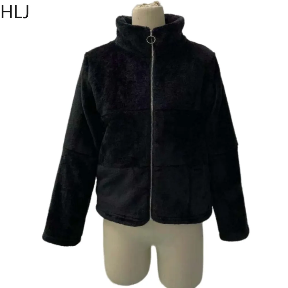 HLJ Fashion Streetwear Women Fur Zipper Long Sleeve Thick Crop Top Women Solid Color Loose Faux Fur Coats Female Matching Jacket