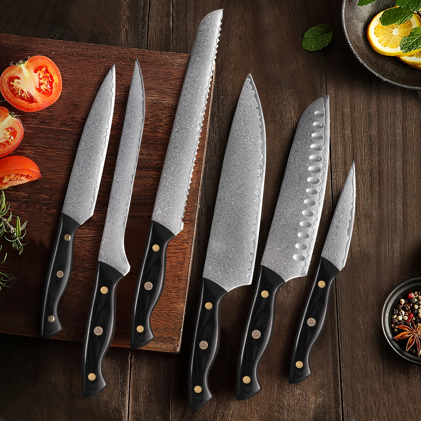 6Pcs Kitchen Knives Set Japanese Damascus Stainless Steel Chef Knife +  Sharpener