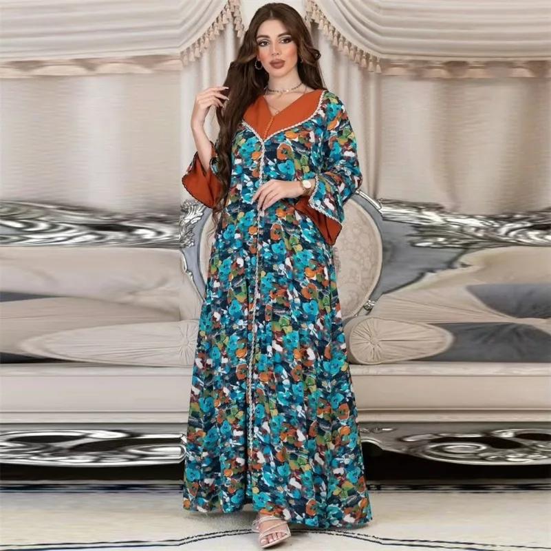 Fashion Dubai Abaya Diamonds Floral Print Tape Trim Full Sleeve V-Neck Casual Loose Arab Long Dress Woman