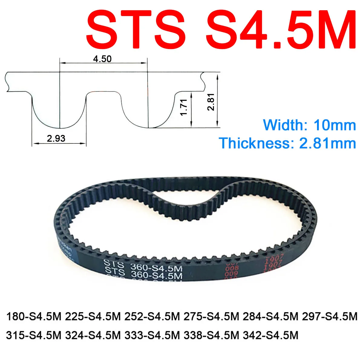 

1Pc Width 10mm S4.5M Rubber Arc Tooth Timing Belt Pitch Length 180 225 252 275 284 297 315 324 333 338 342mm Synchronous Belts