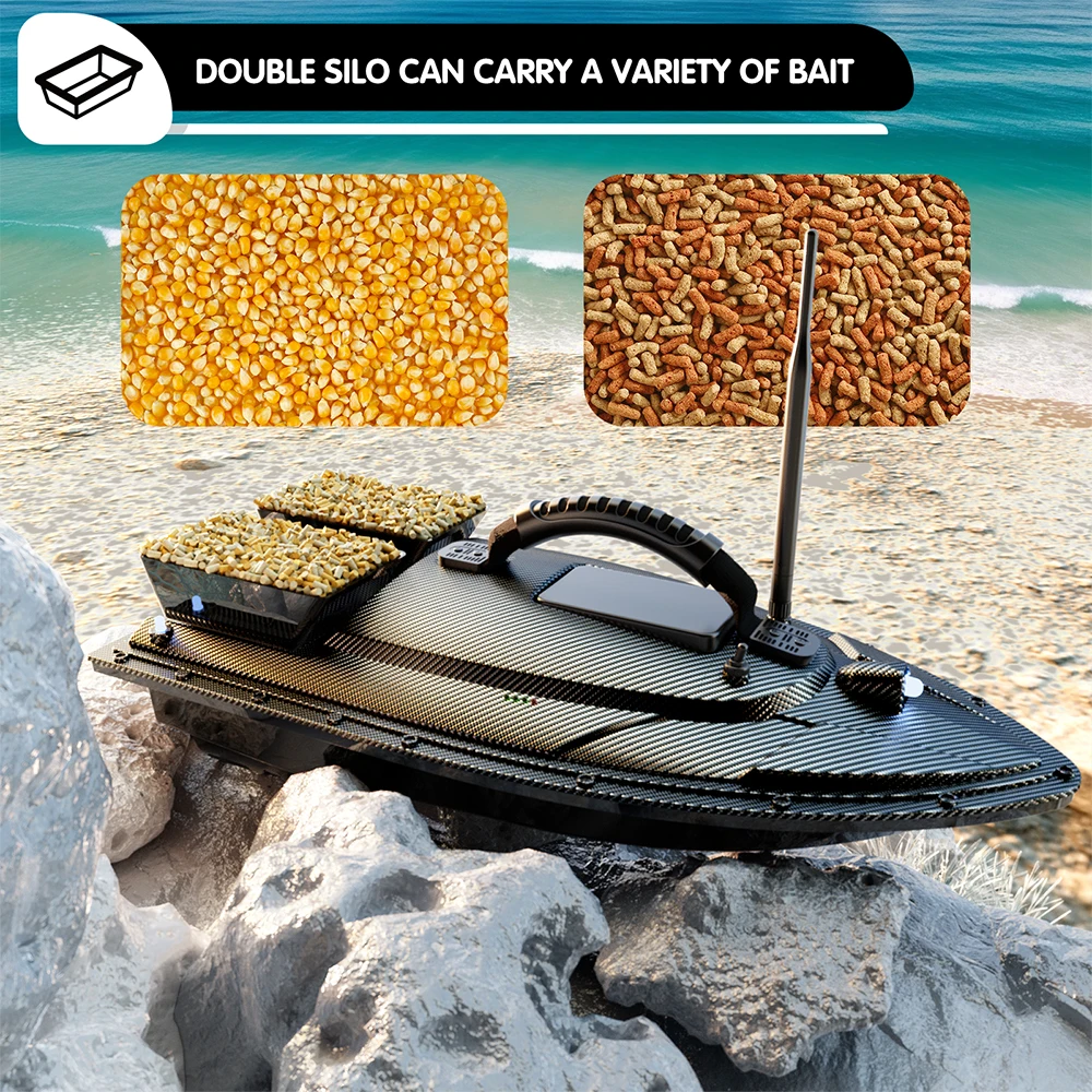 

RC Bait Boat 500 Meters GPS 40 Point Positioning 2 Hoppers 1.5KG Automatic Return Searchlight for Nighttime Fishing Bait Boat