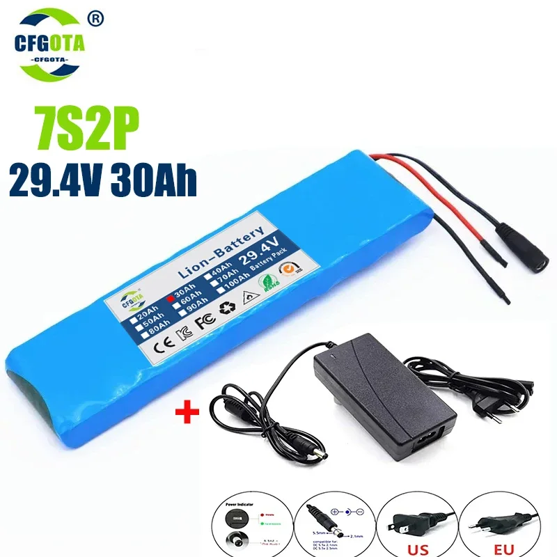 

24v 30ah 7s2p 18650 li-ion rechargeable battery 29.4v 30000mah electric bike moped balancing scooter + 2a charger