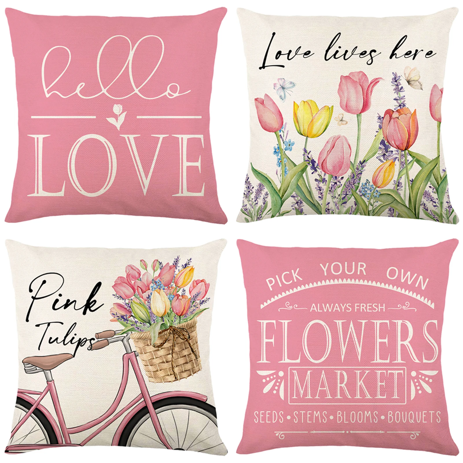 4Pcs Floral Throw Pillow Cases Square Linen Waist Protection Cushion Cover Bed Sofa Pillow Covers Home Decor Pillowcases 45x45CM