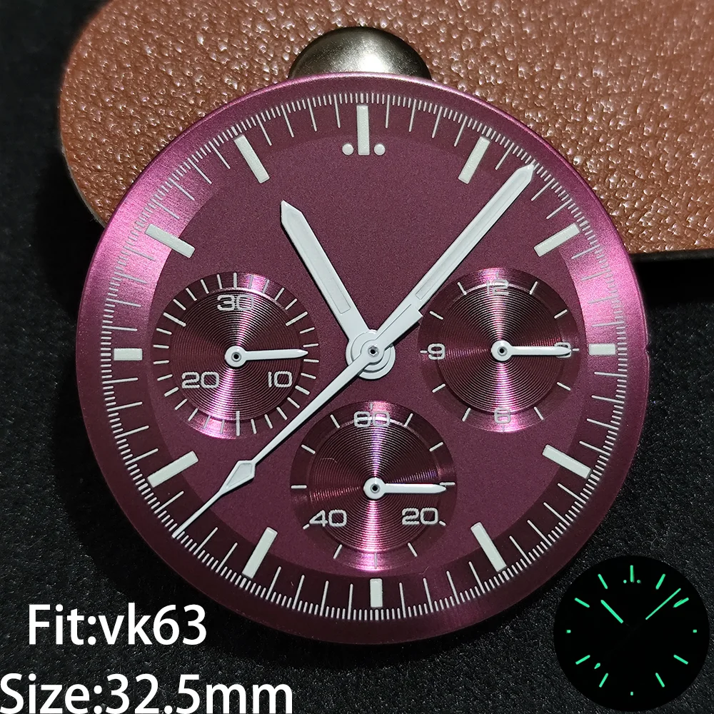 VK63 32.5mm 다이얼 및 시계 손 VK63 쿼츠 무브먼트에 적합한 녹색 발광 시계 액세서리 새로운 액세서리 부품