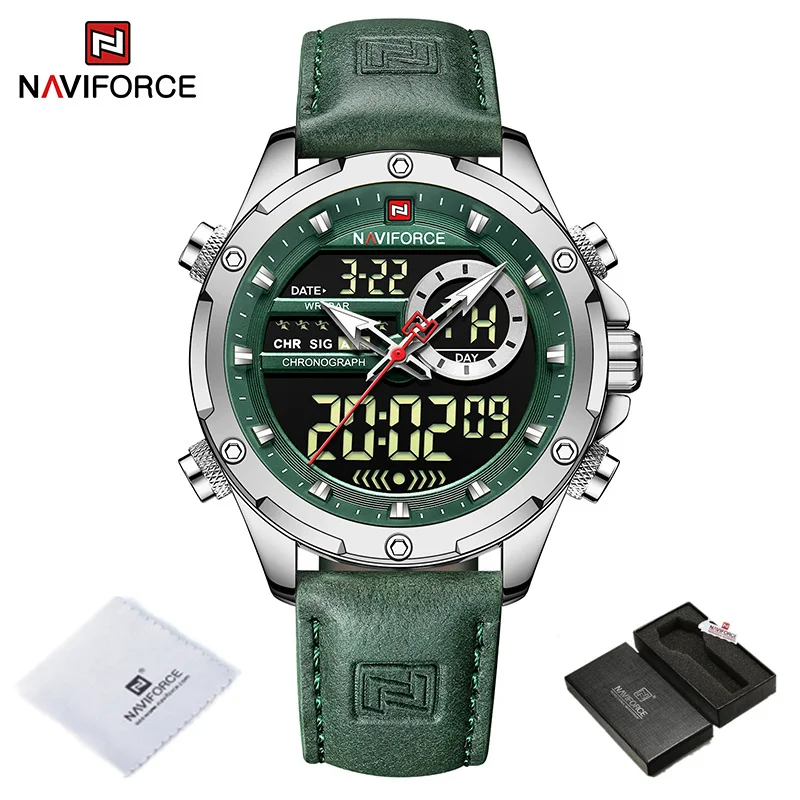 NAVIFORCE Fashion Watches for Men LED Digital Leather Strap Original Sport Wrist Watches Waterproof Male Clock Relogio Masculino 