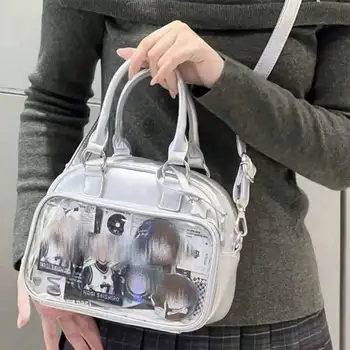 Borsa a tracolla in PU argento con stampa cartoon e elementi a badge, grande capacità, per donne e studentesse