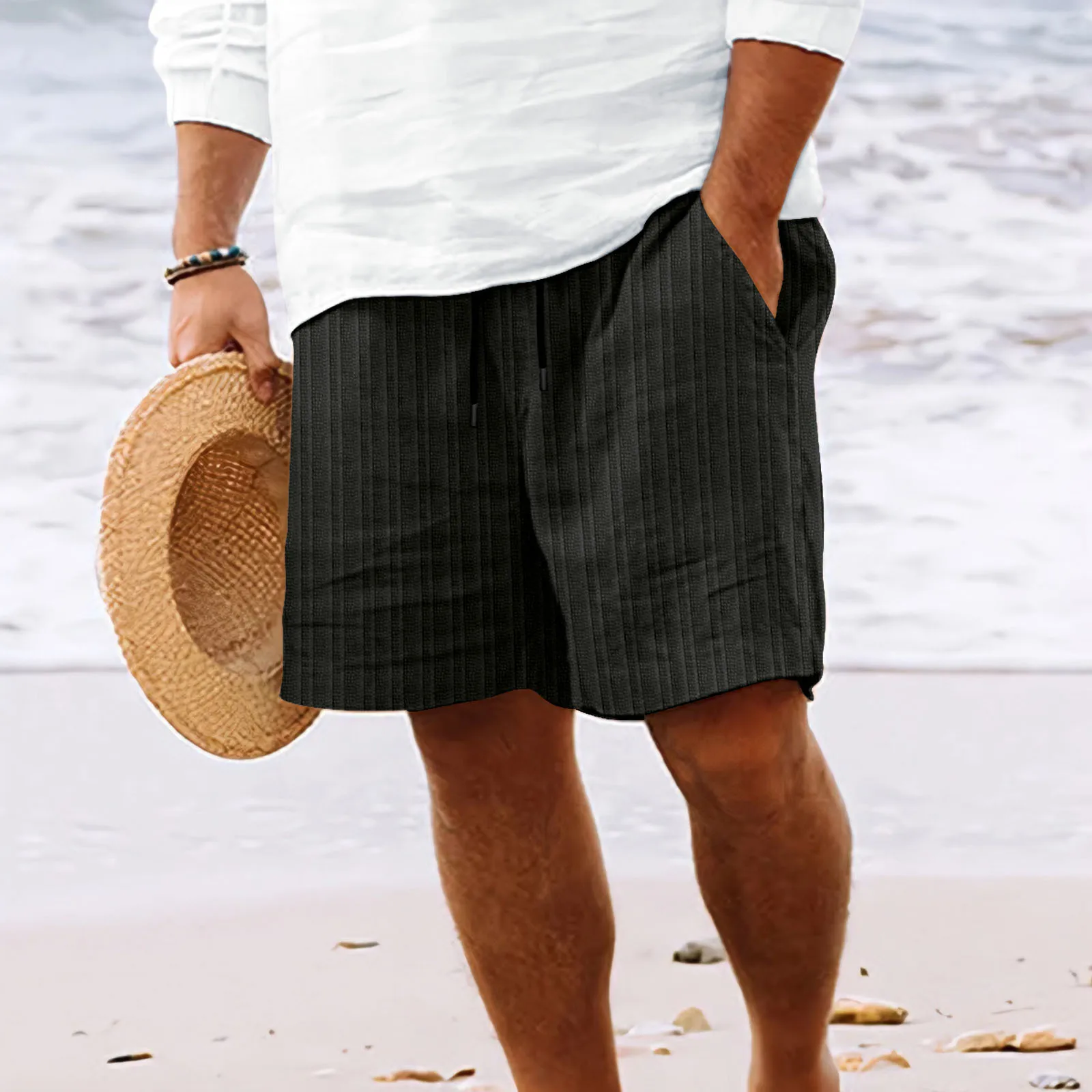 2024 Men's Summer Shorts New Cotton And Linen Comfortable Striped Multi-Pocket Casual Hawaiian Beach Shorts 6