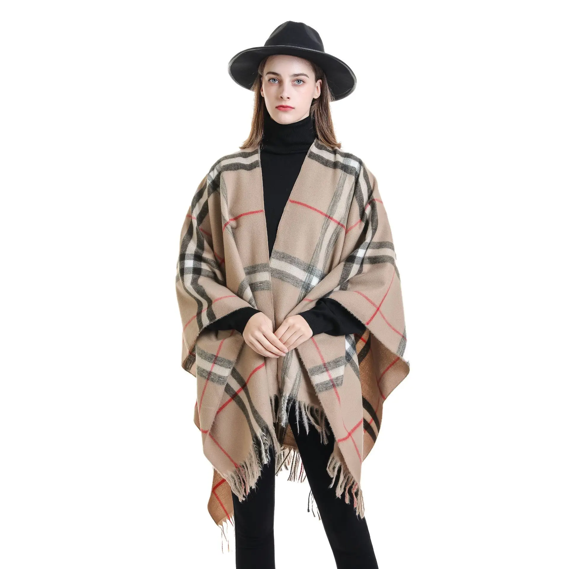 Women Cashmere Feeling Shawl Lady Classic Plaid Cape Spring Autumn Retro Cardigan Winter Cloak with Tassels Soft Large Blanket women spring autumn shawl lady knitted tassels cardigan loose fall winter wrap solid color woolen yarn scarf wholesale fpwp19