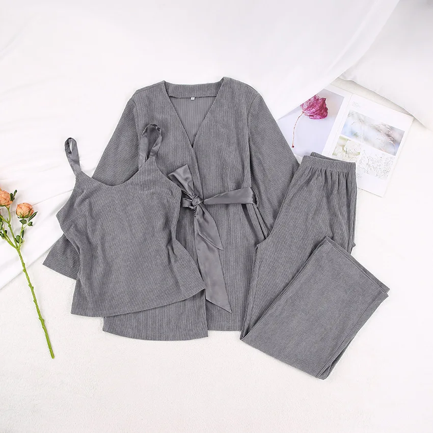 Knitted Women Pajama 3 Pieces Set Solid Autumn Winter Ladies Sleepwear Long Sleeve Long Pant Homesuit Kimono Suit For Female