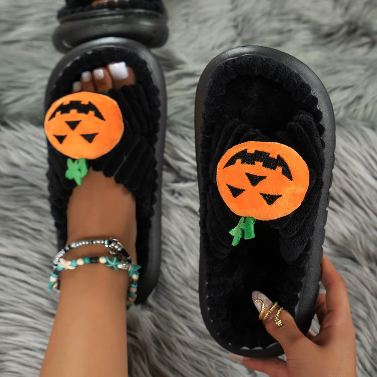 Women's slippers Suede cross Fall/Winter Limited Halloween pumpkin head comfortable flat plus-size slippers