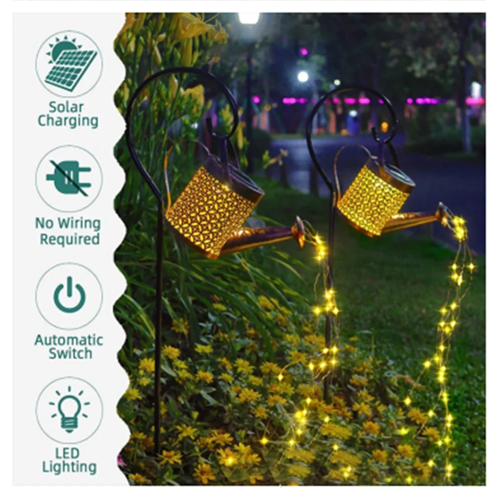 Outdoor Solar LED Light Wrought Iron Waterproof Hollow Lantern Watering Kettle Lamp Kettle Art Lamp with Installed Light String string solar lights