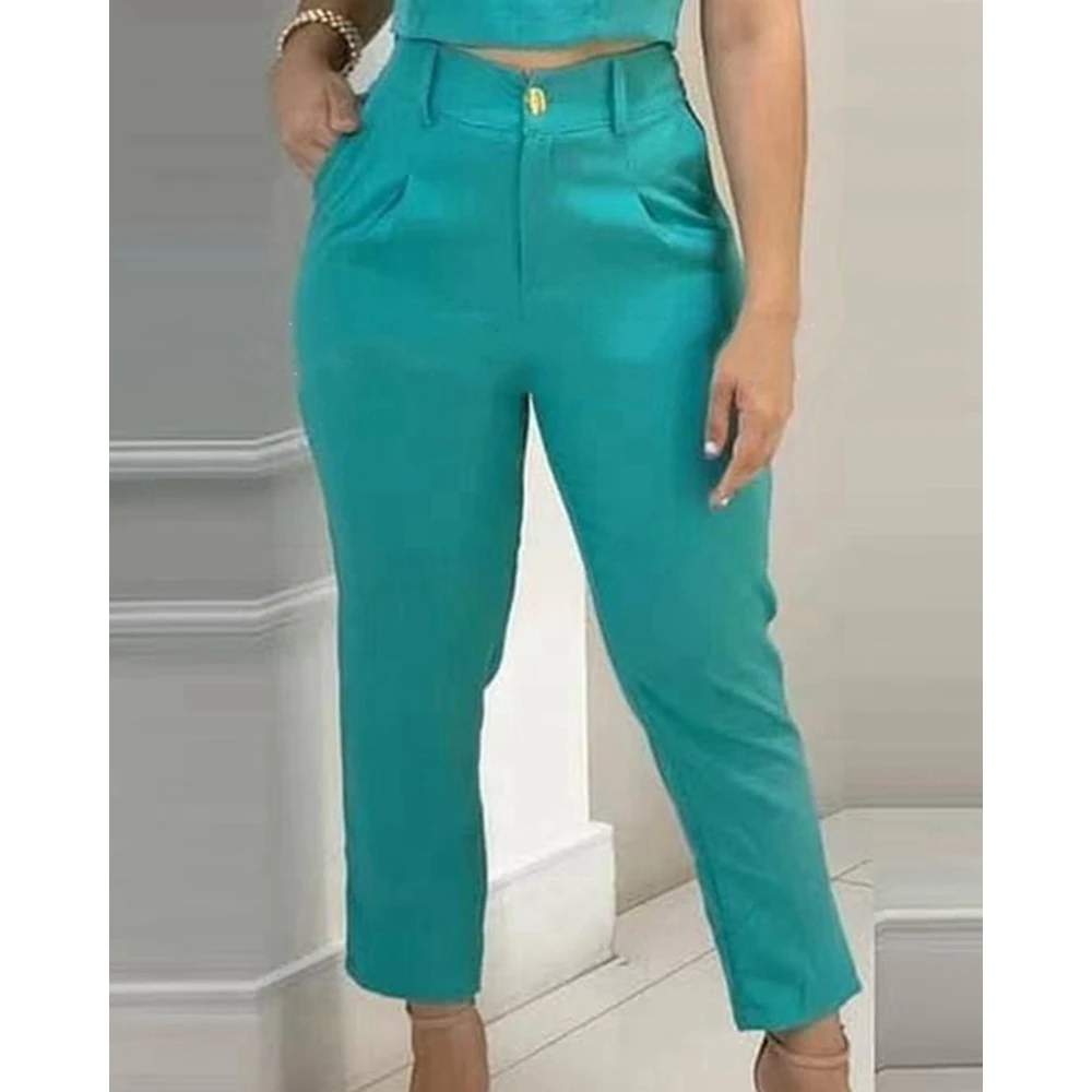 Fashion Women Causal Ruched Design Sleeveless Top & Cuffed Pants Sets Elegant Solid Color Slim Two Pieces Suit Set Streetwear